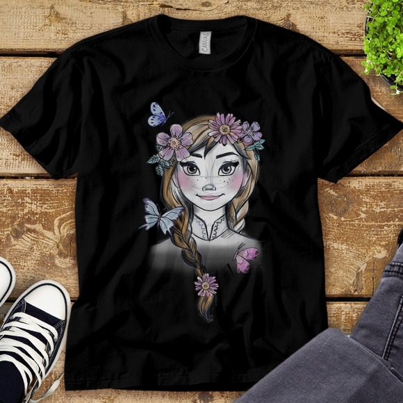 Anna Disney Frozen Anna Illustrated Boho Flowers Graphic Unisex Adult T-shirt - Picture 1 of 2